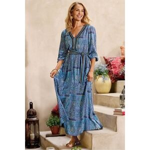 Soft Surroundings | Eugenie Tie Waist Blue Paisley Maxi Dress